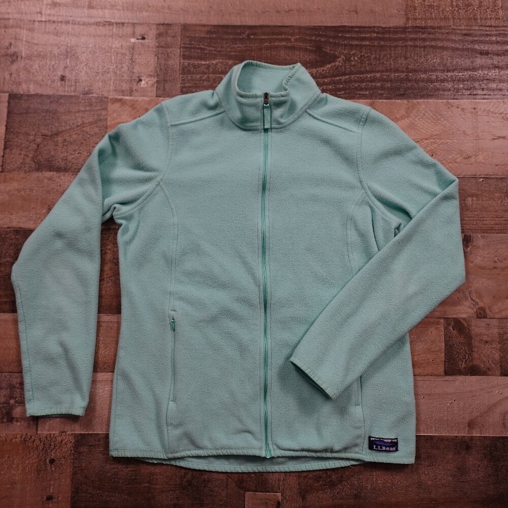 LL Bean Feather Fleece Full-Zip sweater women's medium light blue mock neck